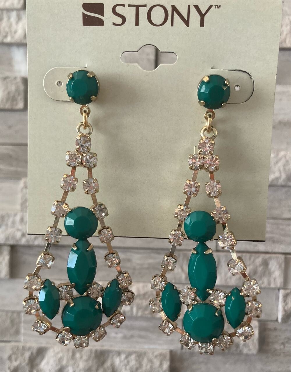 Stony Earrings Teal and Gold with Rhinestones
